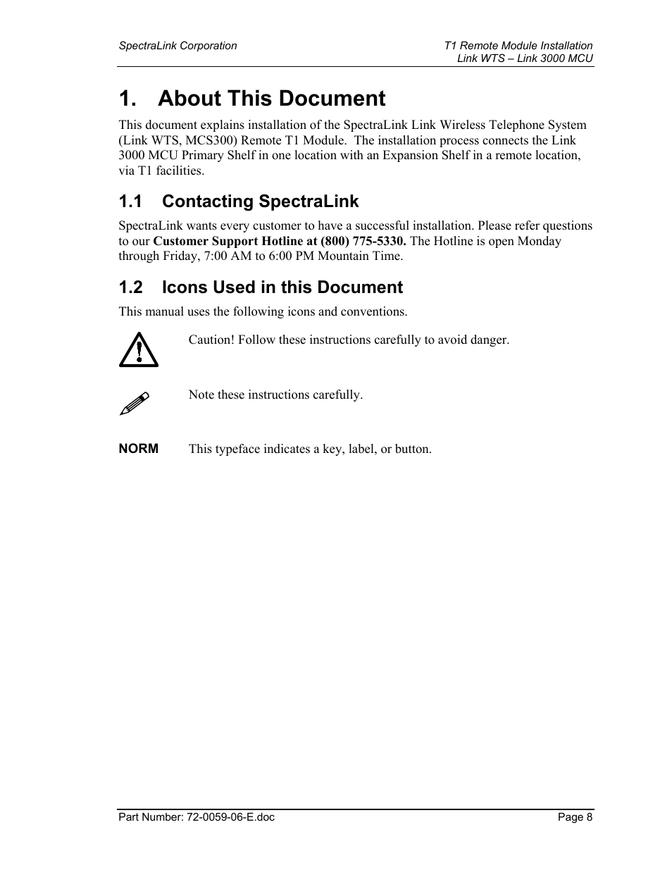 About this document, Contacting spectralink, Icons used in this document | 1 contacting spectralink, 2 icons used in this document | Texas Instruments 3000 MCU User Manual | Page 8 / 30