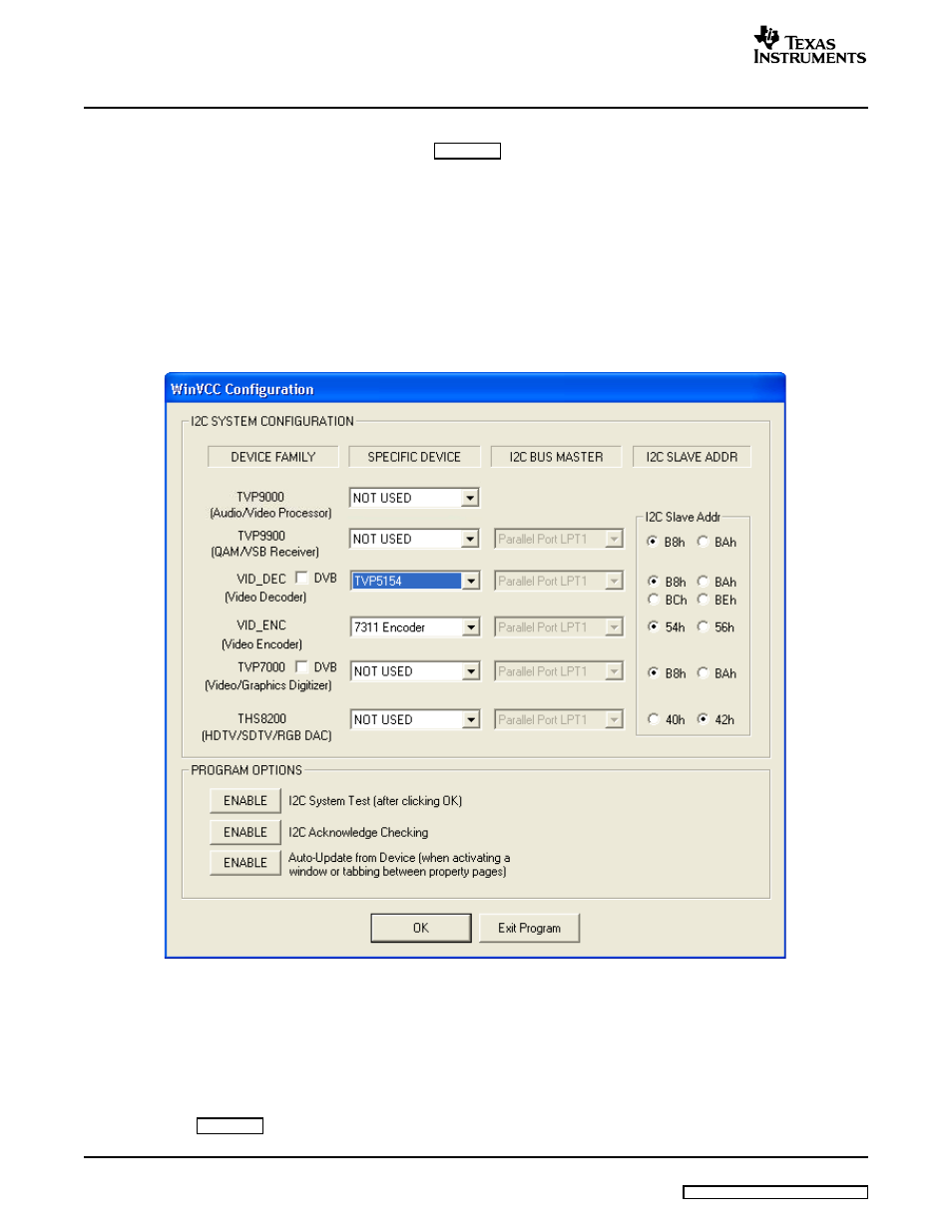 2 winvcc configuration dialog box, 3 i2c system test, Test | Texas Instruments TVP5154EVM User Manual | Page 14 / 55