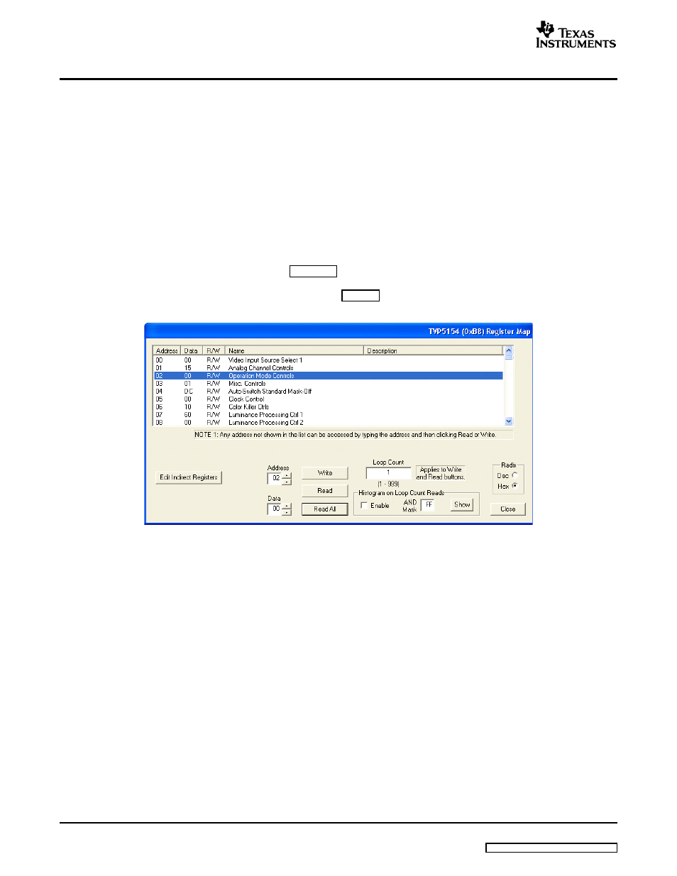 2 register editing, 1 register map editor | Texas Instruments TVP5154EVM User Manual | Page 20 / 55