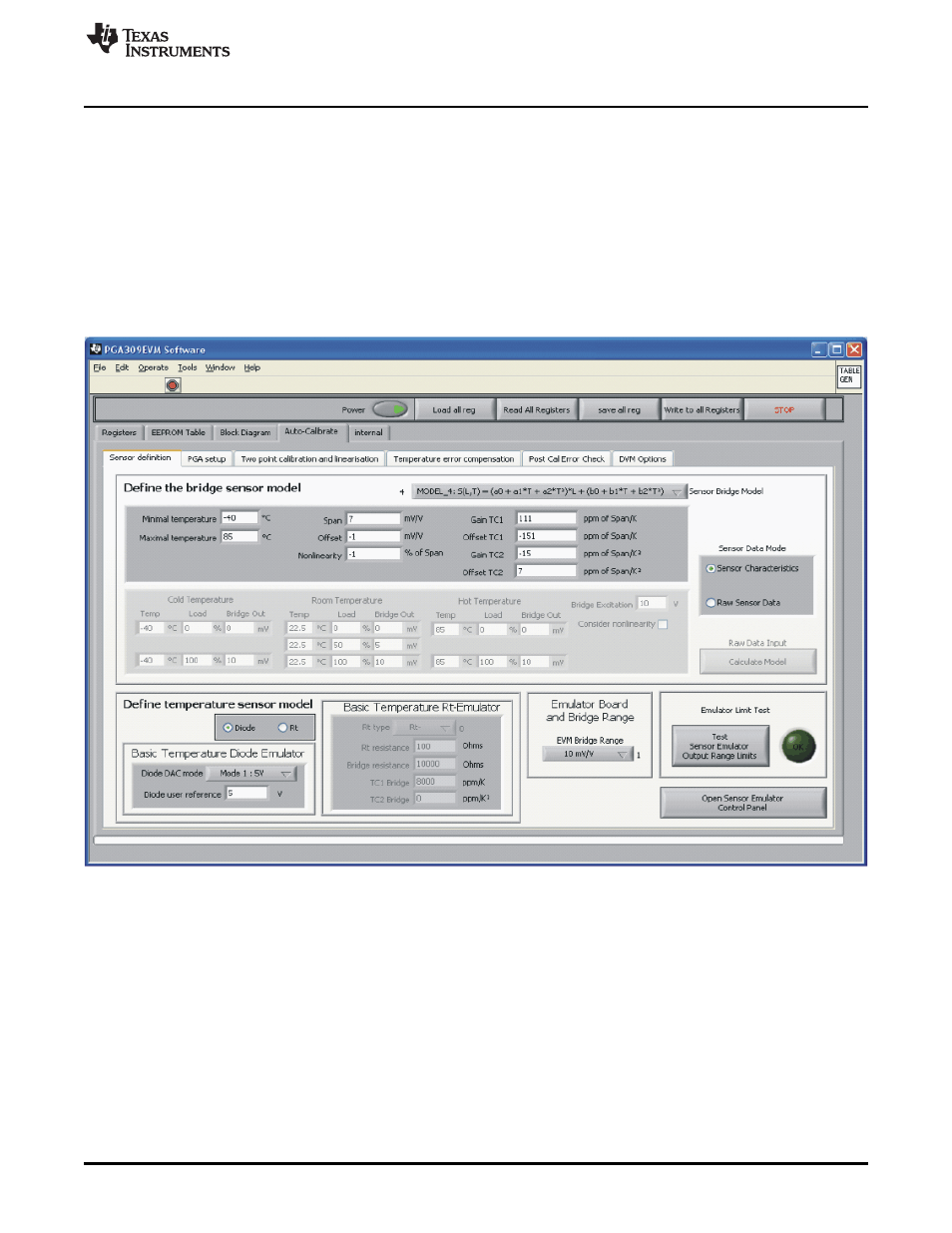 8 auto calibrate tab, 1 sensor definition functions | Texas Instruments PGA309EVM-USB User Manual | Page 29 / 37