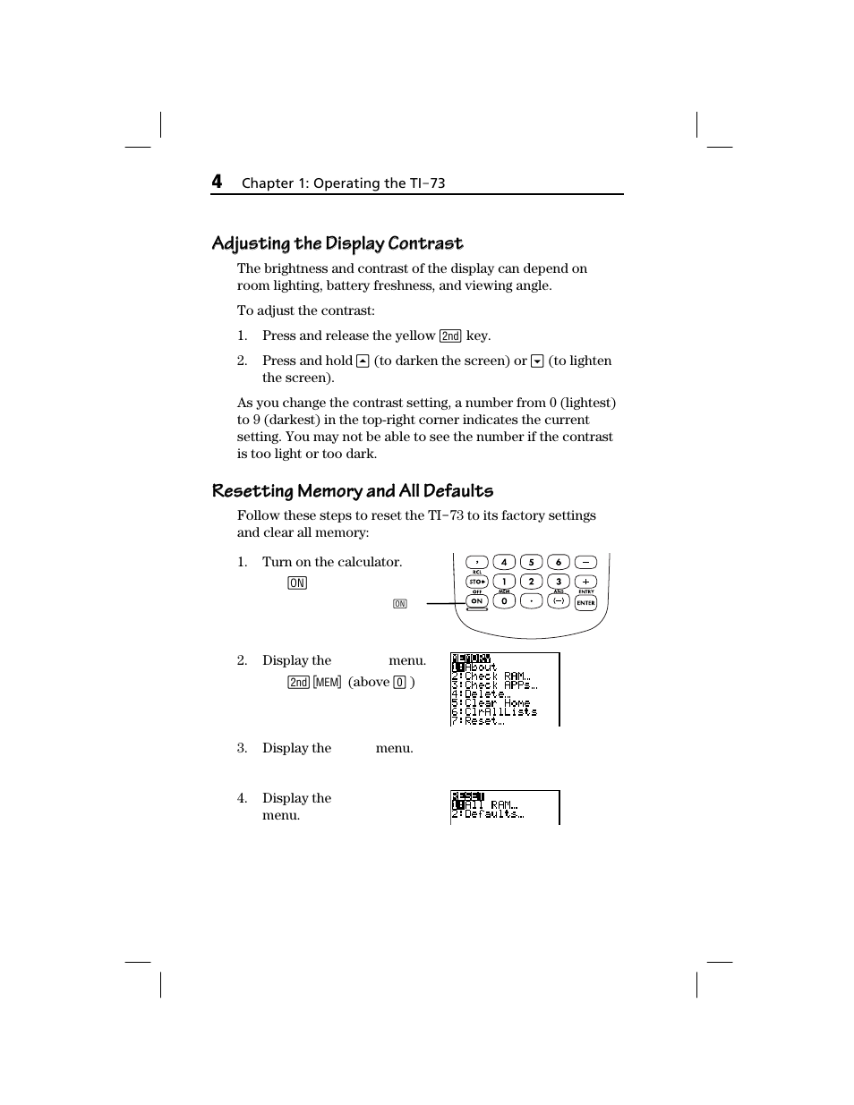 Adjusting the display contrast | Texas Instruments TI-73 EXPLORER User Manual | Page 10 / 364