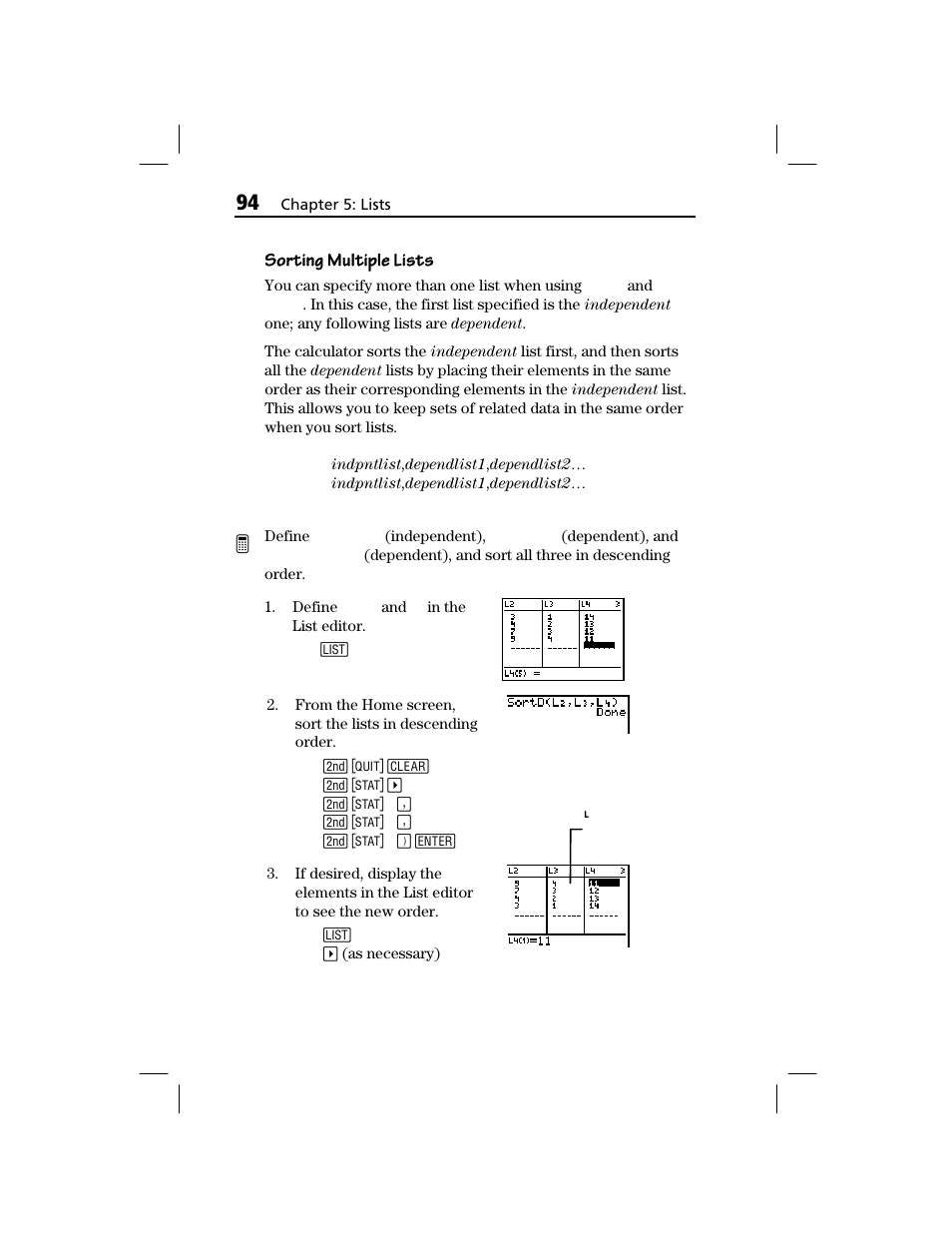 Sorting multiple lists | Texas Instruments TI-73 EXPLORER User Manual | Page 100 / 364