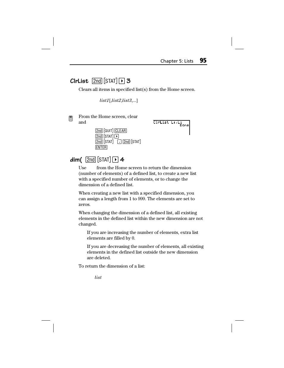 Clrlist, Clrlist clrlist, Dim( dim | Texas Instruments TI-73 EXPLORER User Manual | Page 101 / 364