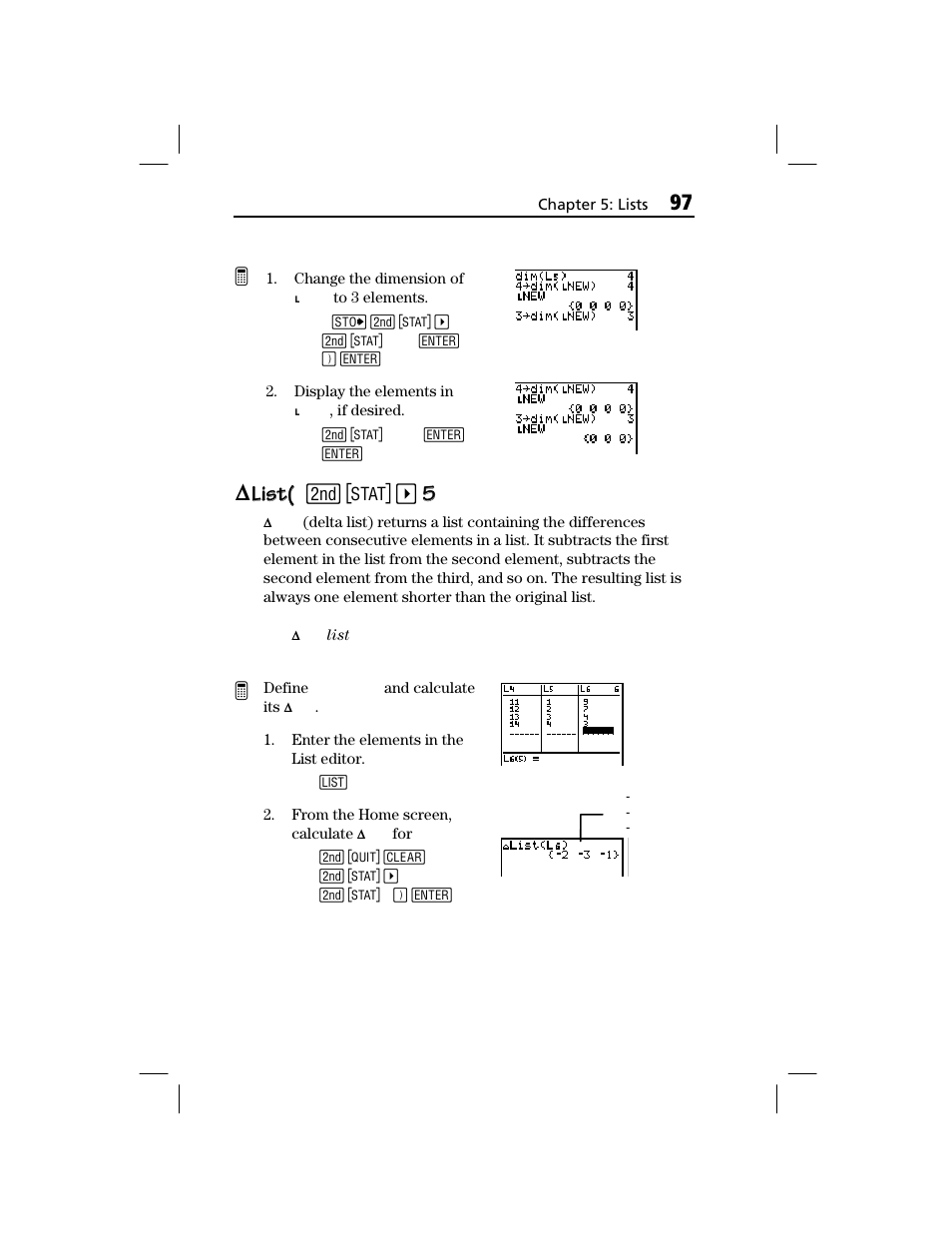 Delta list, List( list | Texas Instruments TI-73 EXPLORER User Manual | Page 103 / 364