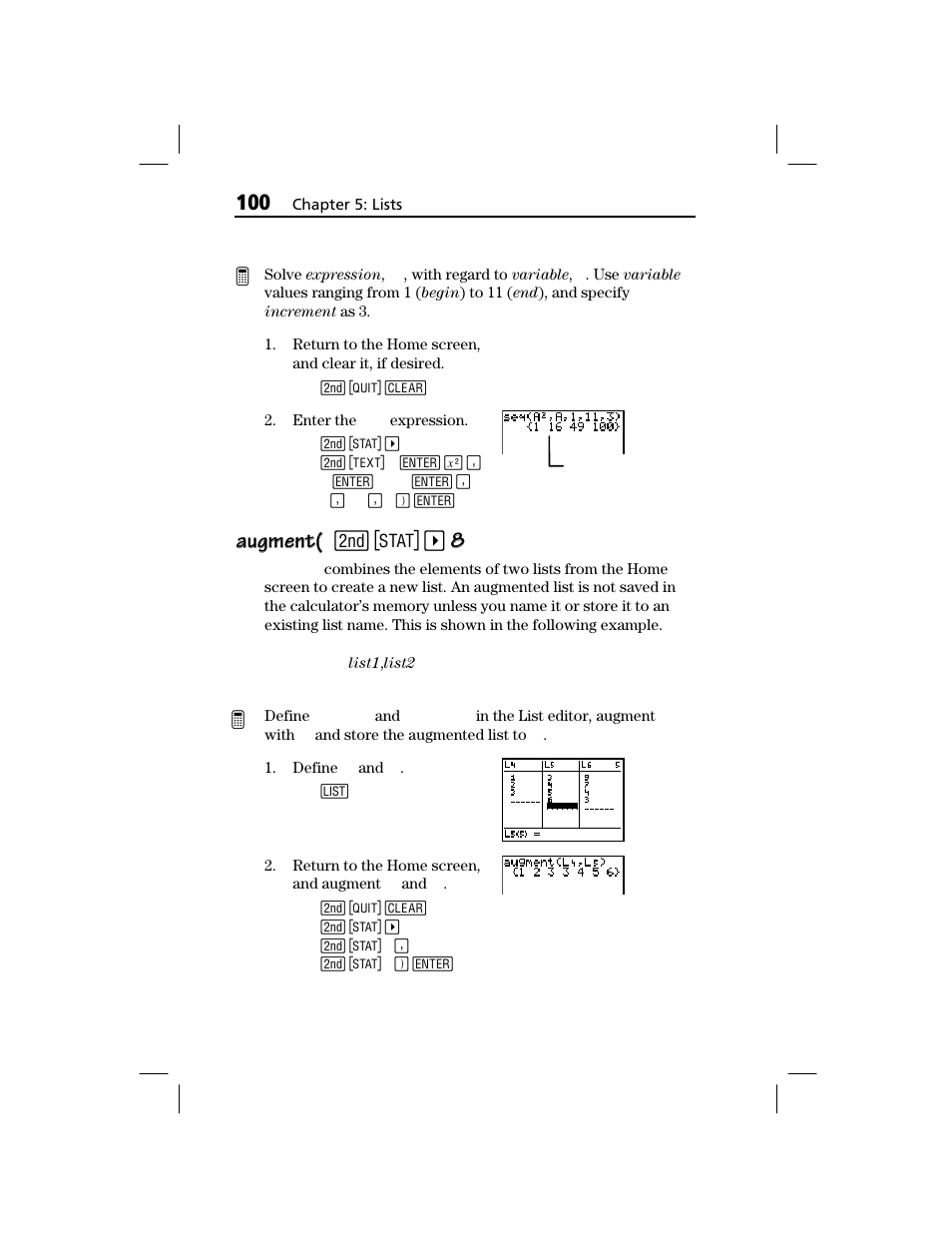 Augment, Augment( augment | Texas Instruments TI-73 EXPLORER User Manual | Page 106 / 364