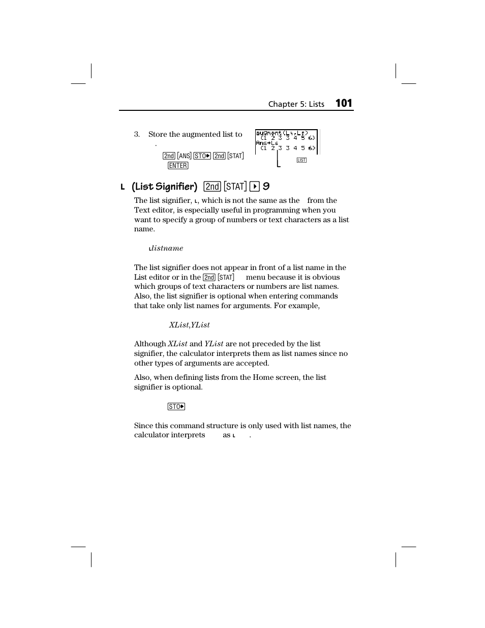 L (list signifier), List signifier) (list signifier) | Texas Instruments TI-73 EXPLORER User Manual | Page 107 / 364