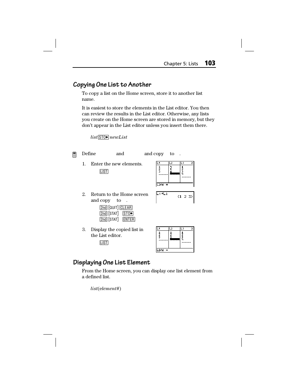 Copying one list to another, Displaying one list element | Texas Instruments TI-73 EXPLORER User Manual | Page 109 / 364