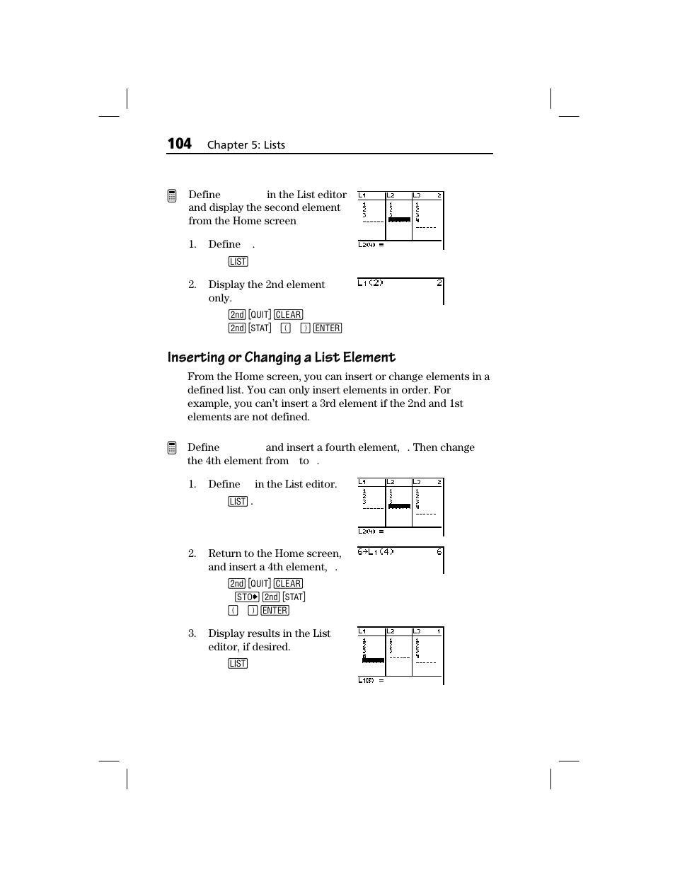 Inserting or changing a list element | Texas Instruments TI-73 EXPLORER User Manual | Page 110 / 364