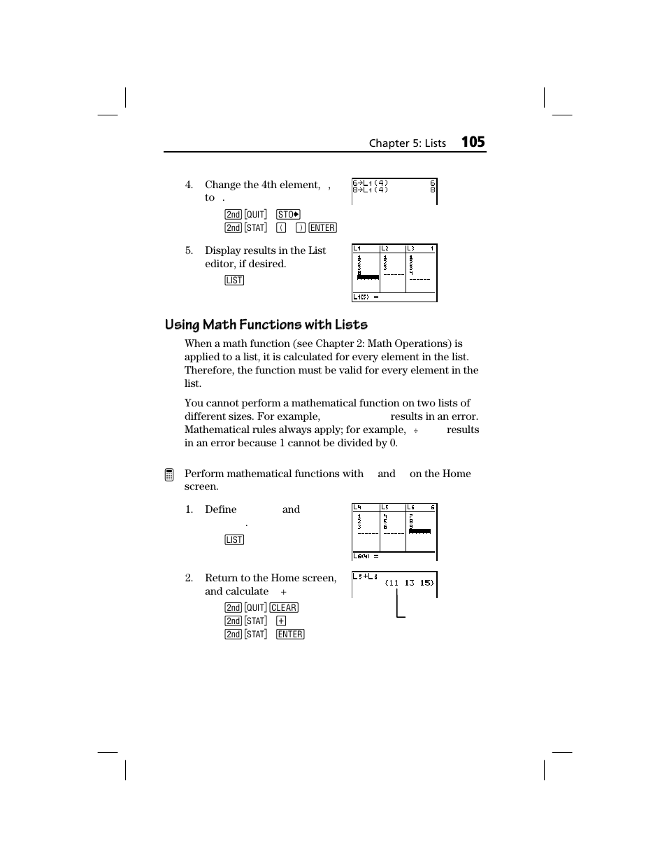 Using math functions with lists | Texas Instruments TI-73 EXPLORER User Manual | Page 111 / 364