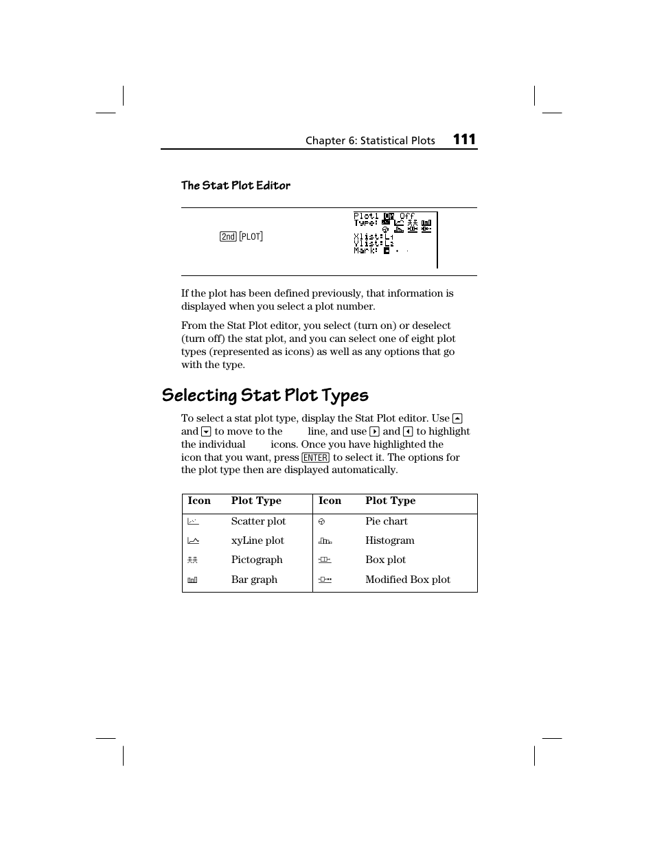 Selecting stat plot types, The stat plot editor | Texas Instruments TI-73 EXPLORER User Manual | Page 117 / 364