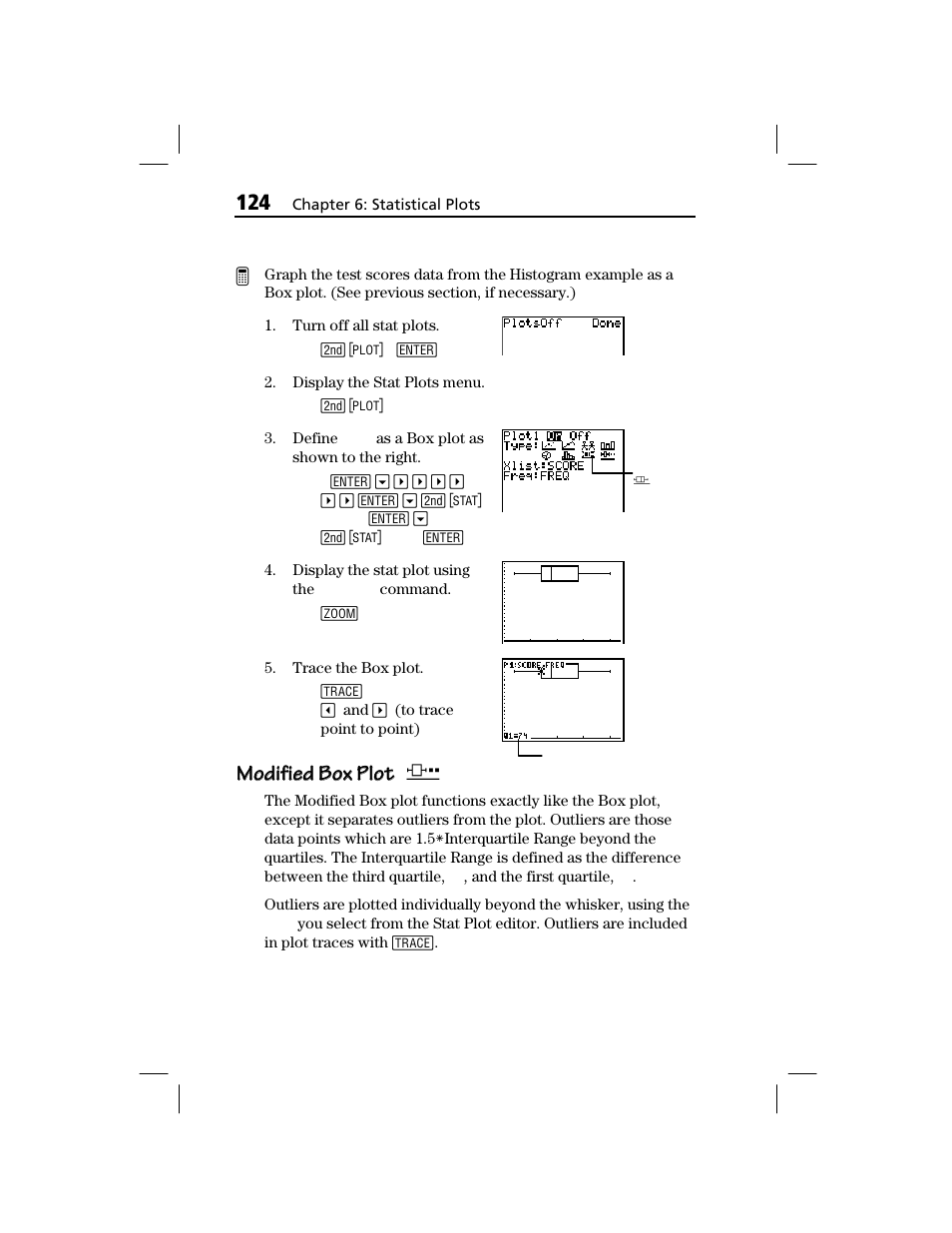 Modified box plot, Modified box plot modified box plot õ | Texas Instruments TI-73 EXPLORER User Manual | Page 130 / 364