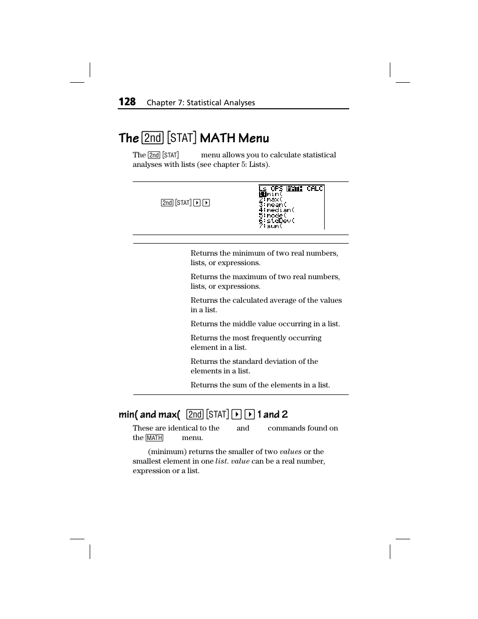 The [2nd] [stat] math menu, Min( and max, Math menu | Min( and max( min( and max, 1 and 2 | Texas Instruments TI-73 EXPLORER User Manual | Page 134 / 364