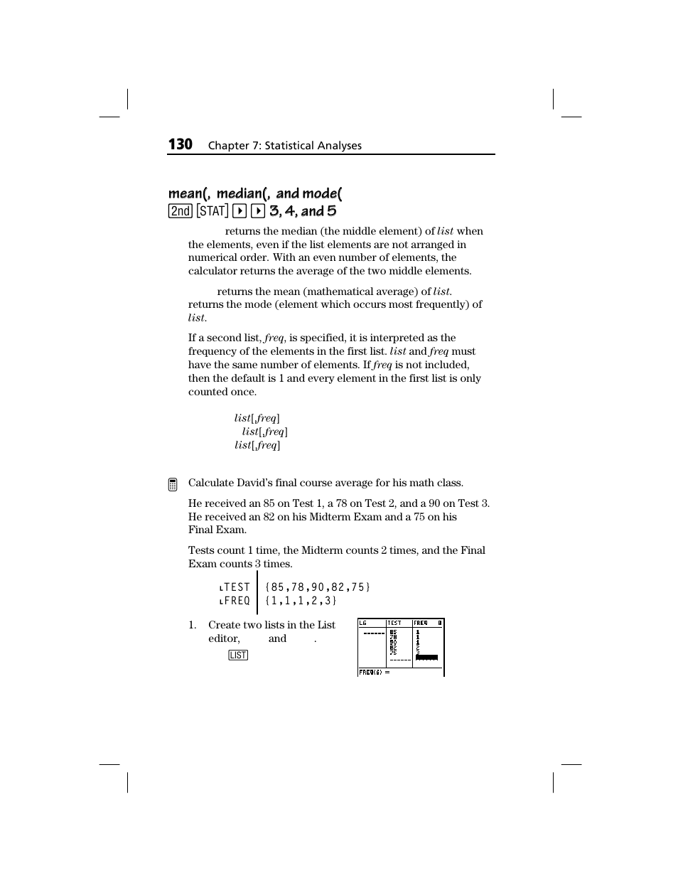 Mean(, median(, and mode, 3, 4, and 5 | Texas Instruments TI-73 EXPLORER User Manual | Page 136 / 364