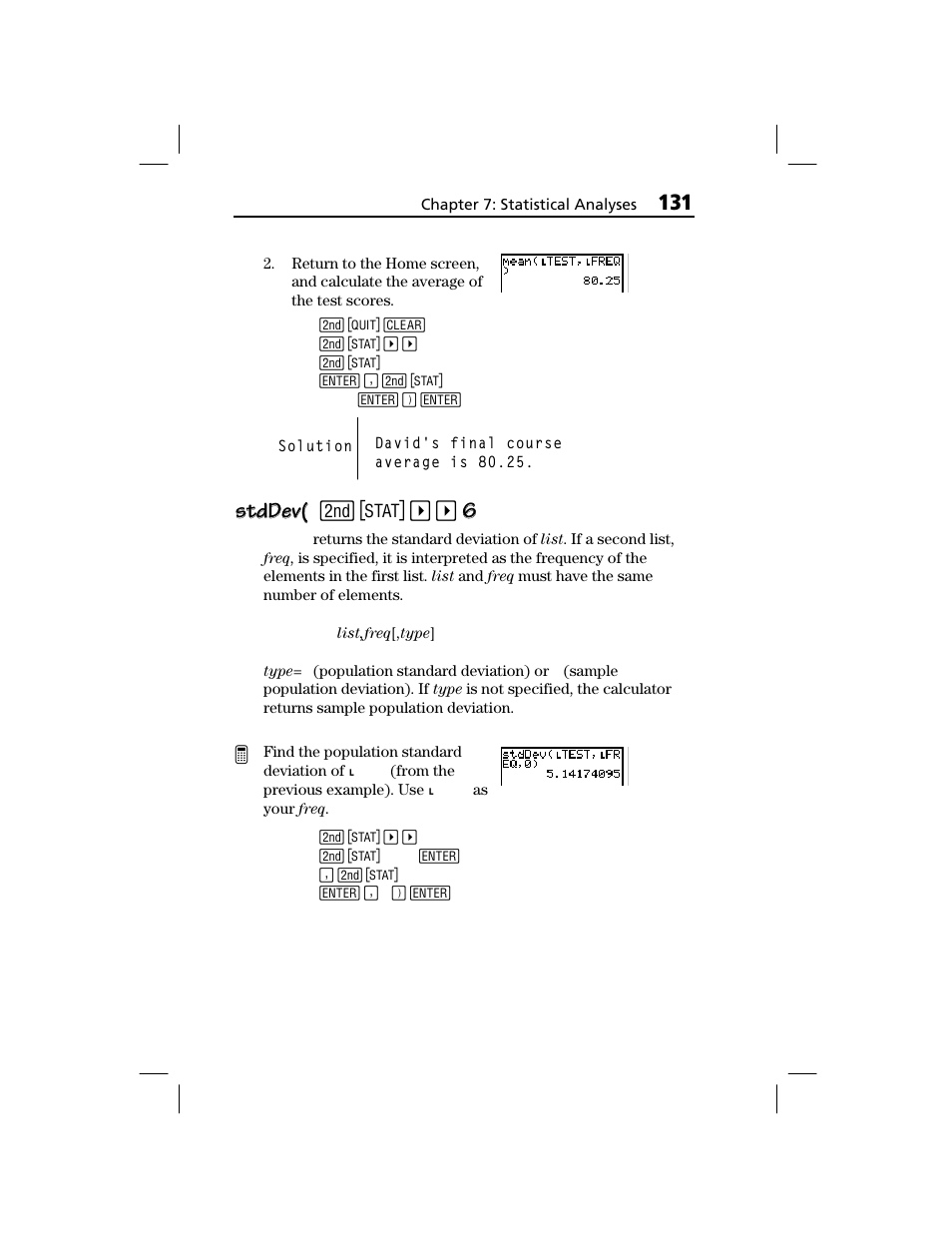 Stddev, Stddev( stddev | Texas Instruments TI-73 EXPLORER User Manual | Page 137 / 364