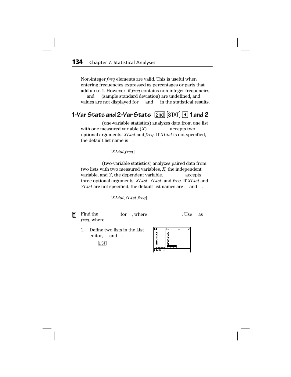 Var stats and 2-var stats, 1 and 2 | Texas Instruments TI-73 EXPLORER User Manual | Page 140 / 364