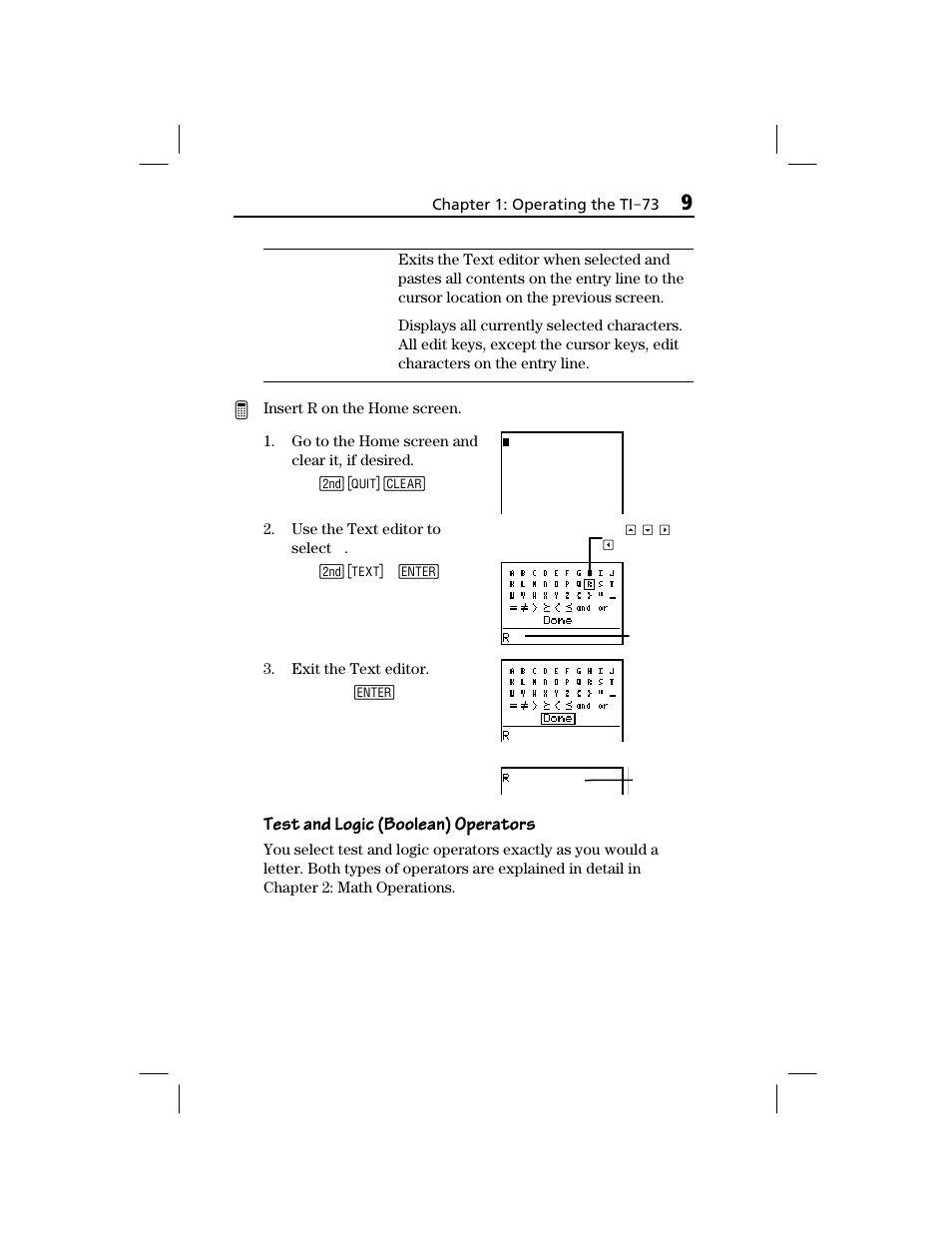 Test and logic (boolean) operators | Texas Instruments TI-73 EXPLORER User Manual | Page 15 / 364