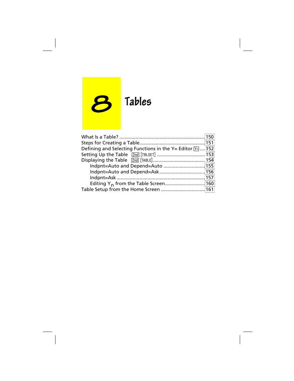 Chapter 8: tables, Tables | Texas Instruments TI-73 EXPLORER User Manual | Page 155 / 364