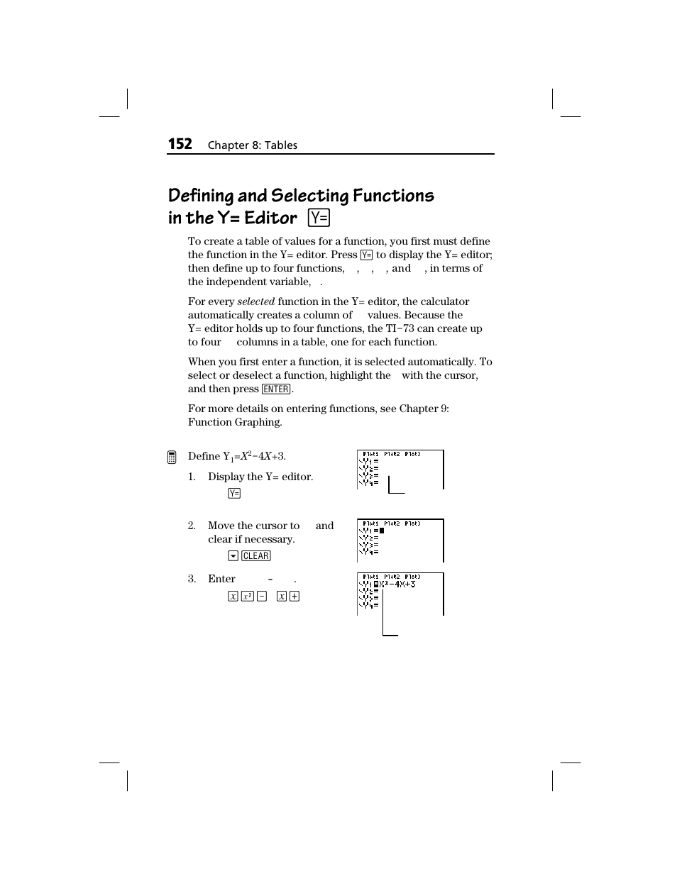 Defining and selecting functions in the y= editor, Defining and selecting functions | Texas Instruments TI-73 EXPLORER User Manual | Page 158 / 364