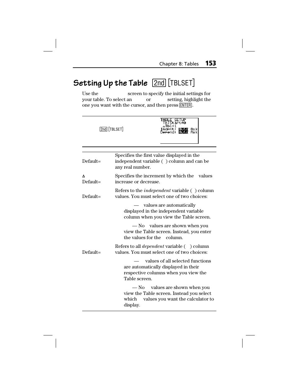 Setting up the table | Texas Instruments TI-73 EXPLORER User Manual | Page 159 / 364