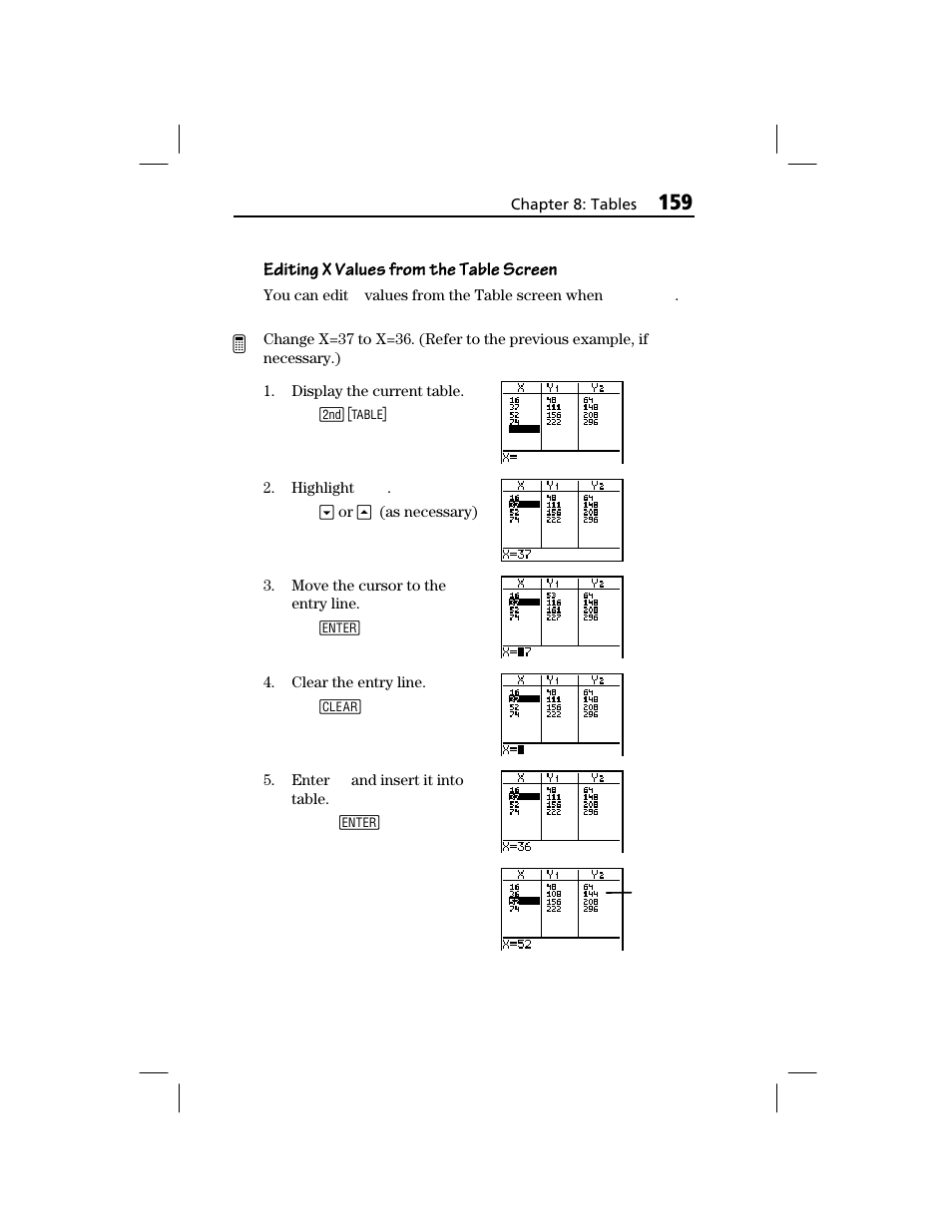 Editing x values from the table screen | Texas Instruments TI-73 EXPLORER User Manual | Page 165 / 364