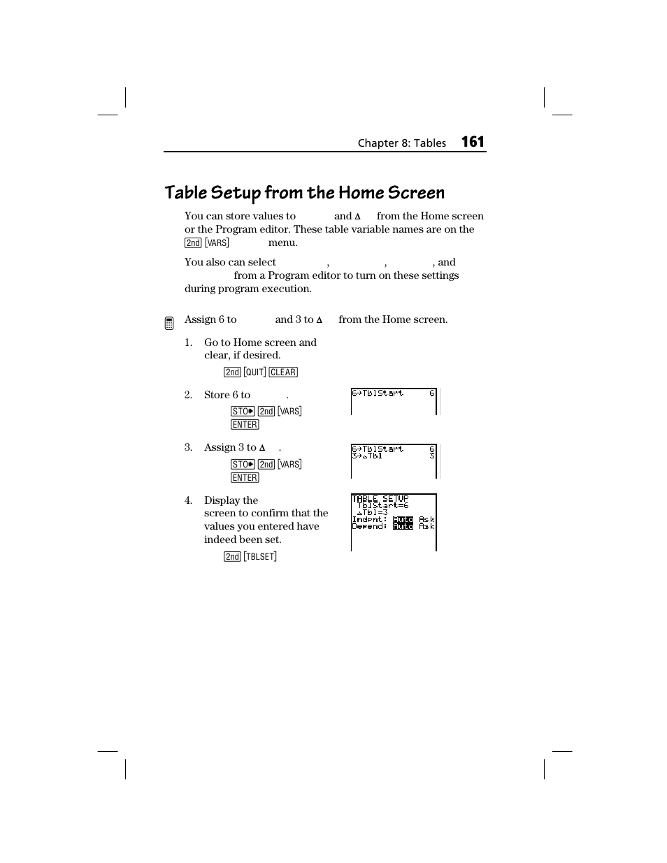 Table setup from the home screen | Texas Instruments TI-73 EXPLORER User Manual | Page 167 / 364