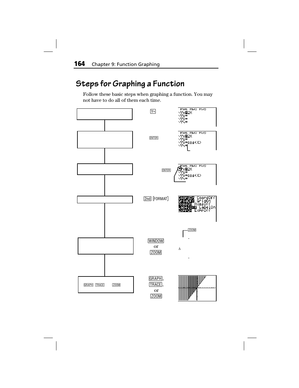 Steps for graphing a function, Chapter 9: function graphing, Or ( - g | Texas Instruments TI-73 EXPLORER User Manual | Page 170 / 364