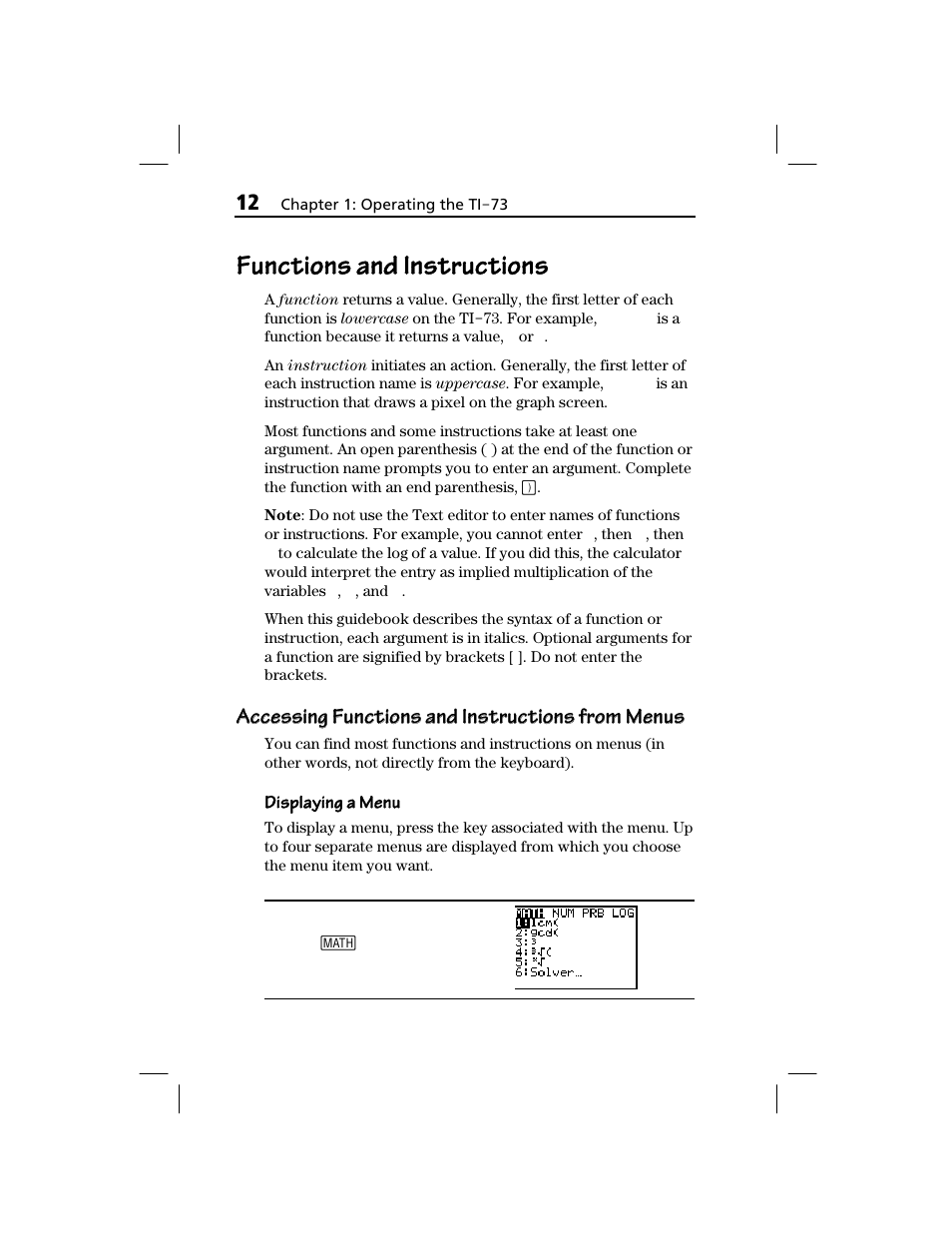 Functions and instructions, Accessing functions and instructions from menus | Texas Instruments TI-73 EXPLORER User Manual | Page 18 / 364