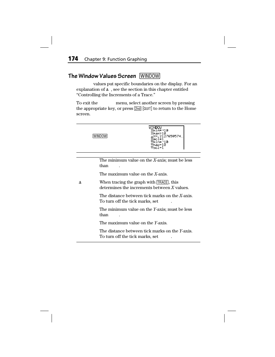 The window values screen, The window values screen the window values screen | Texas Instruments TI-73 EXPLORER User Manual | Page 180 / 364