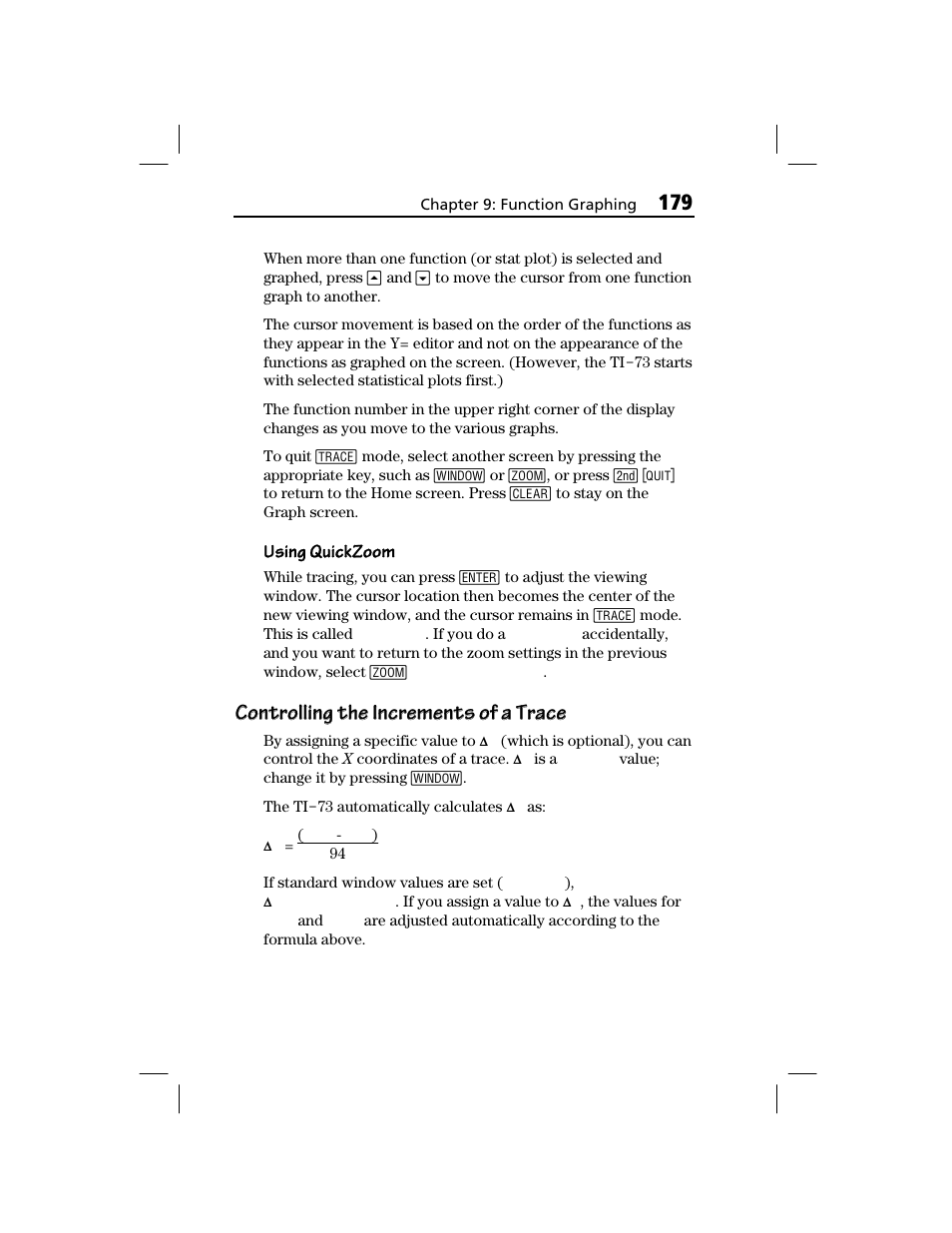 Controlling the increments of a trace, Using quickzoom | Texas Instruments TI-73 EXPLORER User Manual | Page 185 / 364