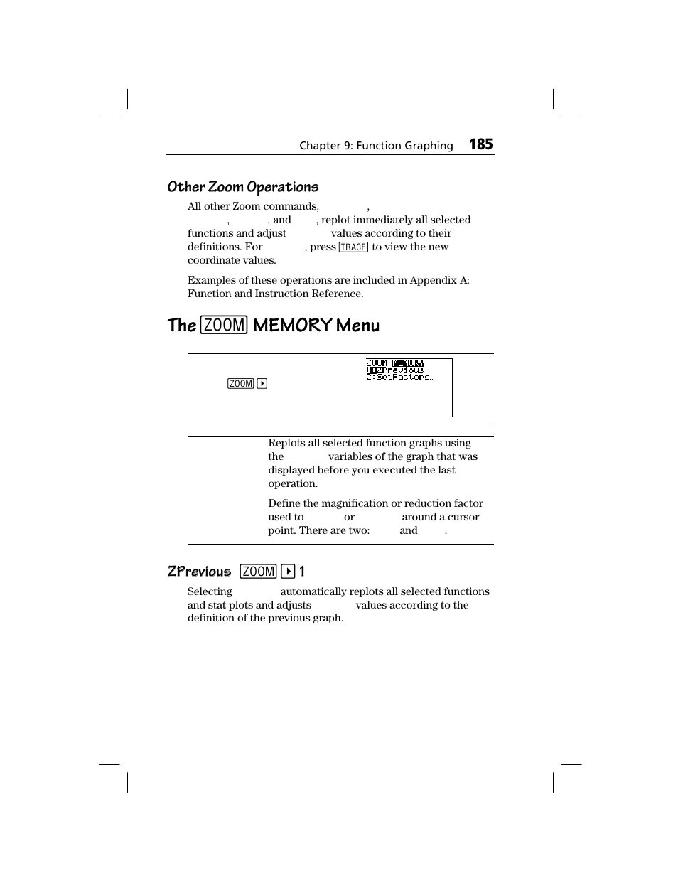 Other zoom operations, The [zoom] memory menu, Zprevious | Zprevious zprevious | Texas Instruments TI-73 EXPLORER User Manual | Page 191 / 364