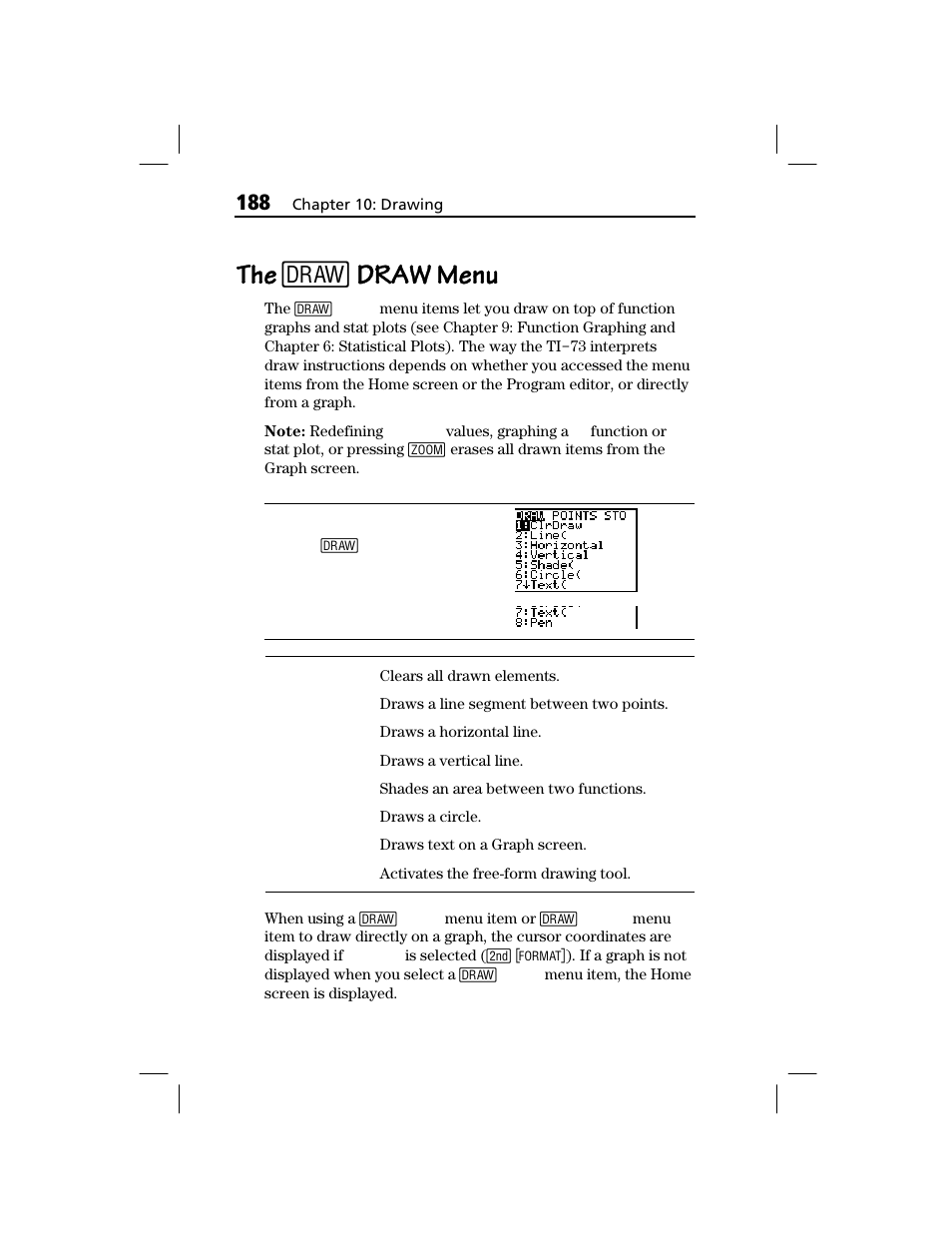 The [draw] draw menu, The 2, Draw menu | Texas Instruments TI-73 EXPLORER User Manual | Page 194 / 364