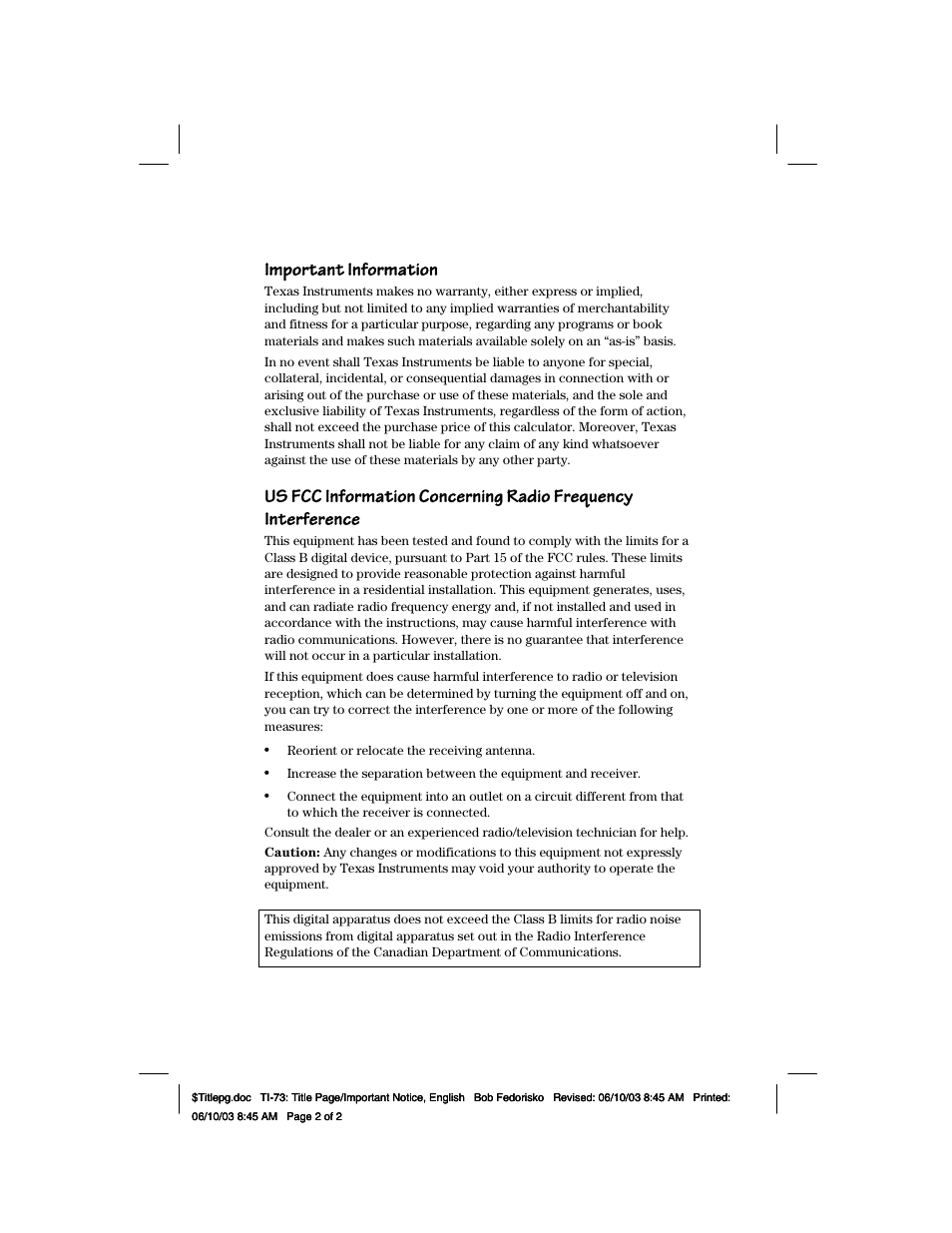 Important and us fcc information, Important information, Us fcc information concerning radio frequency | Interference | Texas Instruments TI-73 EXPLORER User Manual | Page 2 / 364