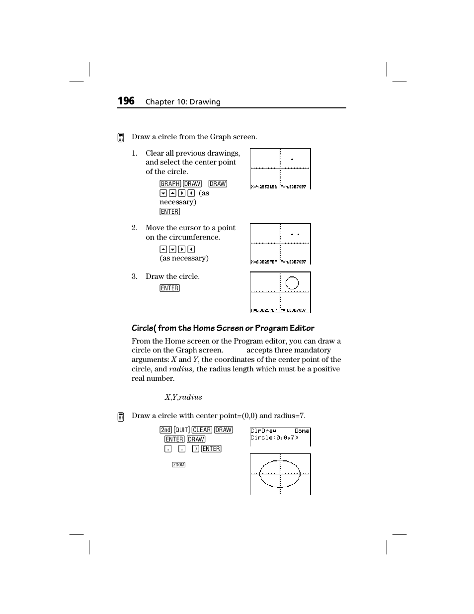 Circle( from the home screen or program editor | Texas Instruments TI-73 EXPLORER User Manual | Page 202 / 364