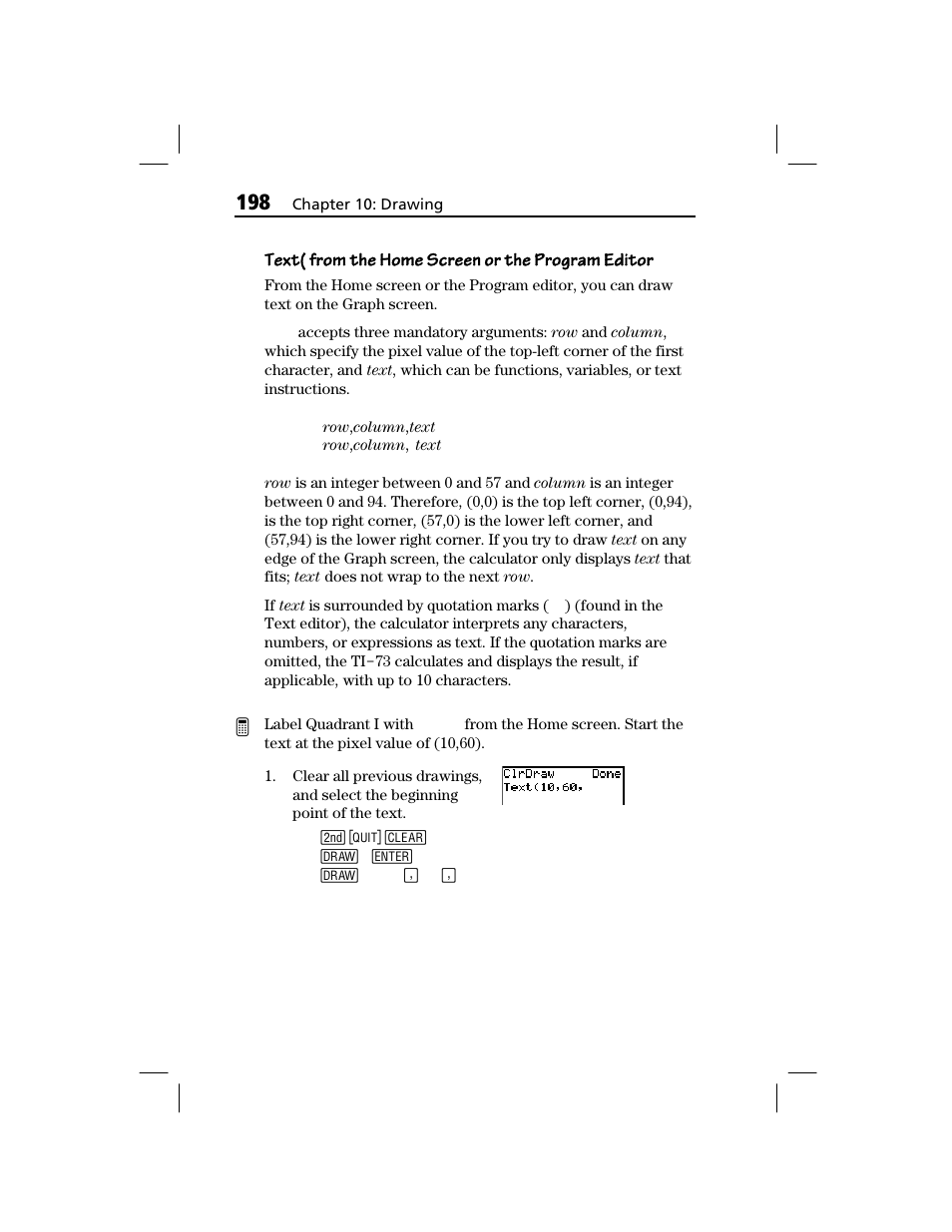 Text( from the home screen or the program editor | Texas Instruments TI-73 EXPLORER User Manual | Page 204 / 364