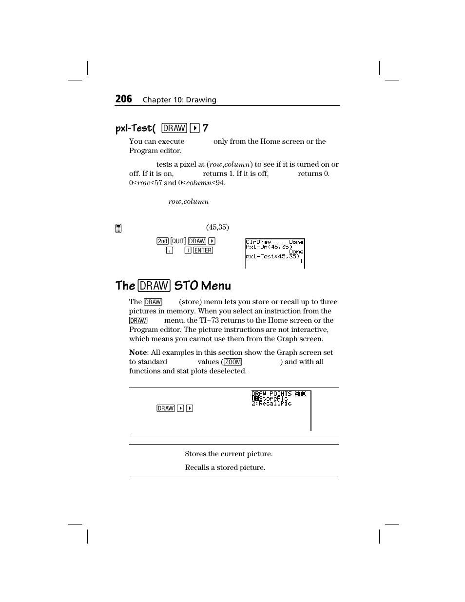 Pxl-test, The [draw] sto menu, The 2 | Sto menu, Pxl-test( pxl-test( 2 | Texas Instruments TI-73 EXPLORER User Manual | Page 212 / 364