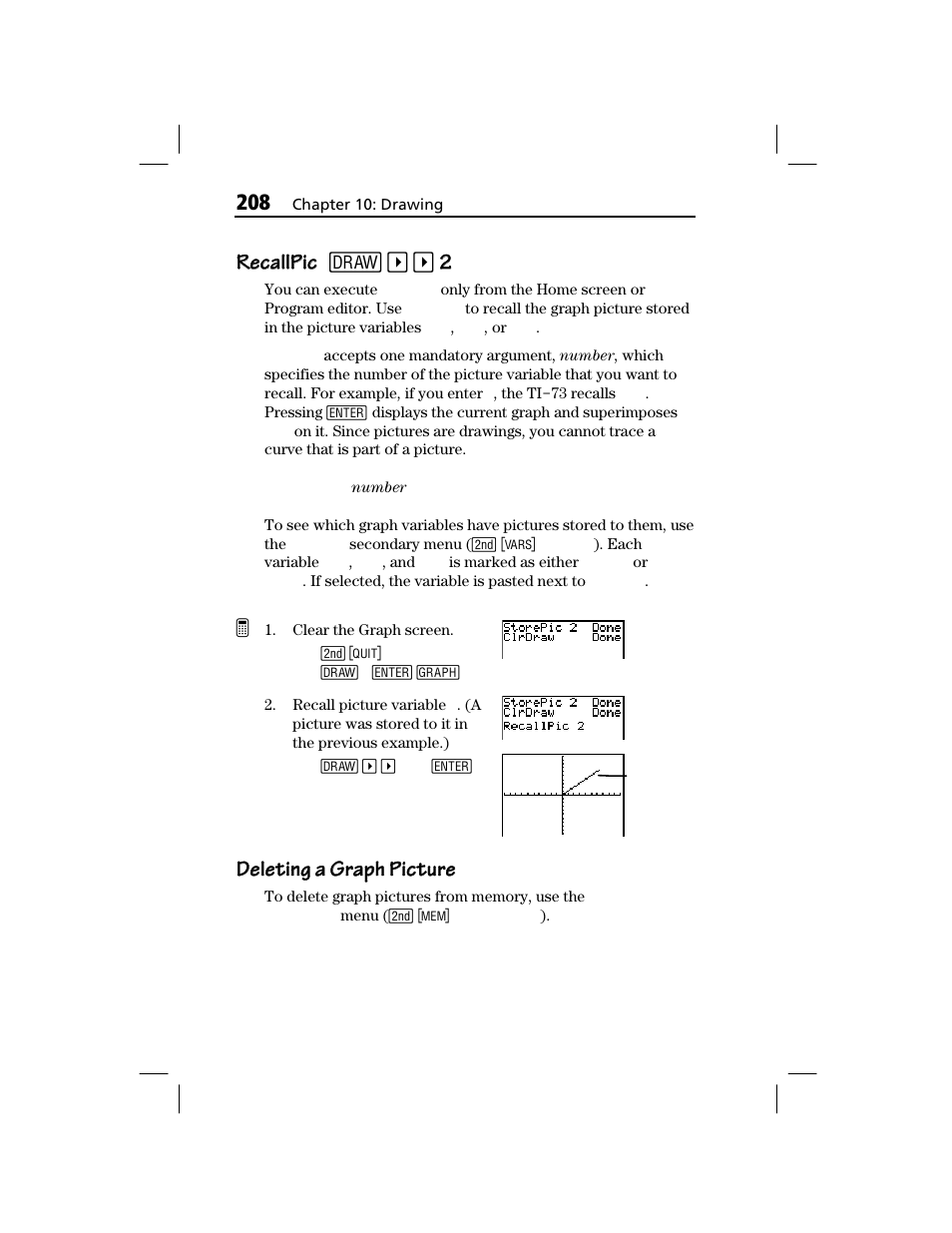 Recallpic, Deleting a graph picture, Recallpic recallpic 2 | Texas Instruments TI-73 EXPLORER User Manual | Page 214 / 364