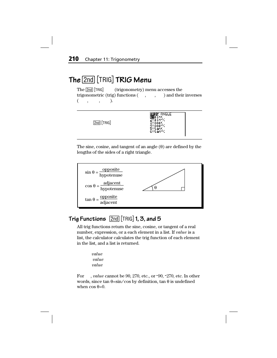 The [2nd] [trig] trig menu, Trig functions, Trig menu | Trig functions trig functions, 1, 3, and 5 | Texas Instruments TI-73 EXPLORER User Manual | Page 216 / 364