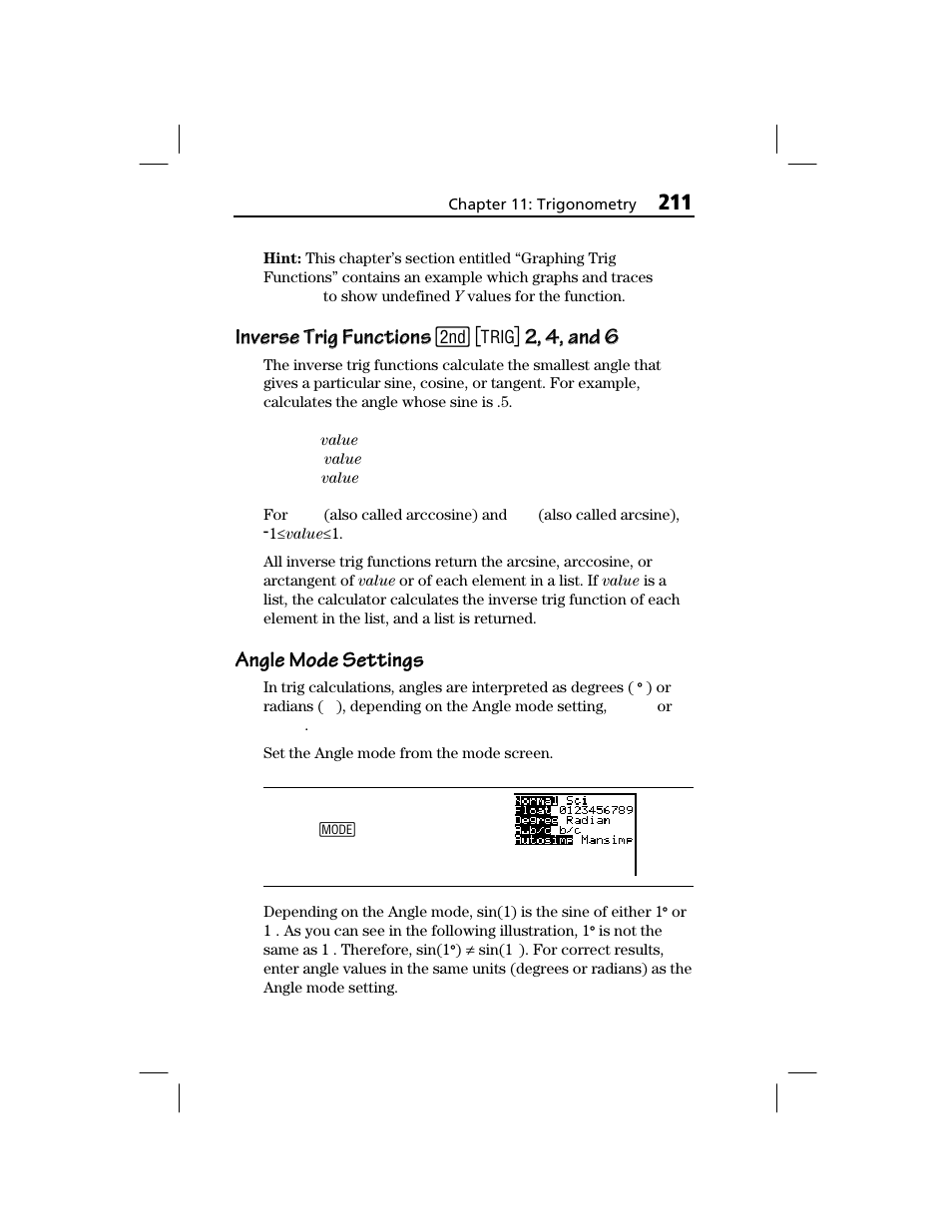 Inverse trig functions, Angle mode settings, Inverse trig functions inverse trig functions | 2, 4, and 6 | Texas Instruments TI-73 EXPLORER User Manual | Page 217 / 364