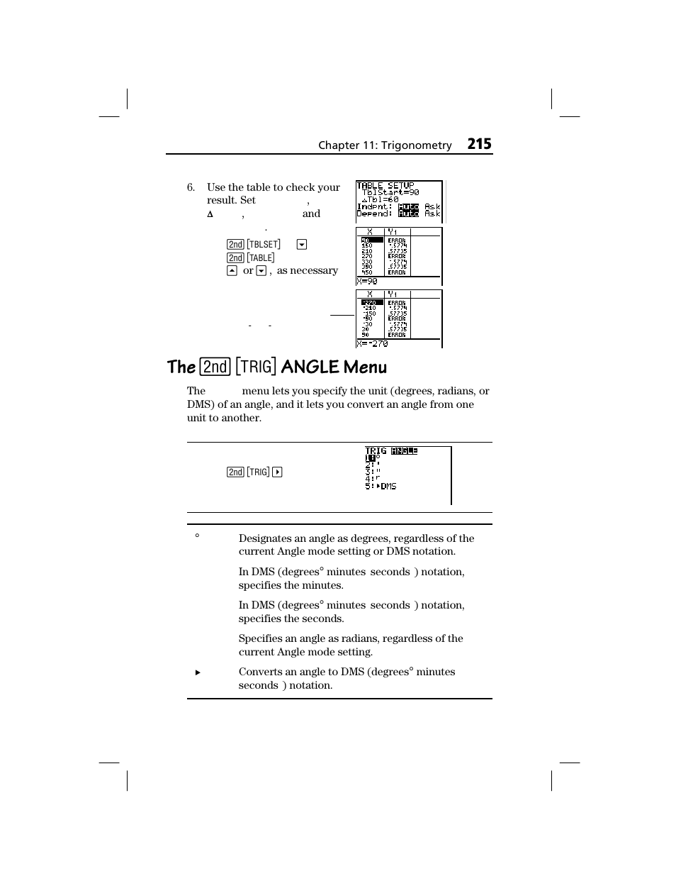 The [2nd] [trig] angle menu, Angle menu | Texas Instruments TI-73 EXPLORER User Manual | Page 221 / 364