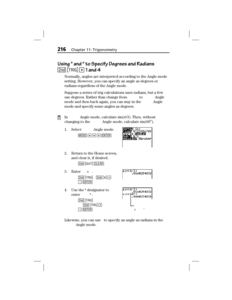 Using ° and r to specify degrees and radians, Using, 1 and 4 | Texas Instruments TI-73 EXPLORER User Manual | Page 222 / 364