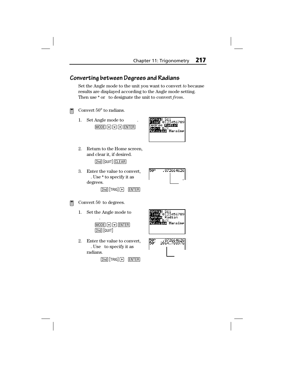 Converting between degrees and radians | Texas Instruments TI-73 EXPLORER User Manual | Page 223 / 364