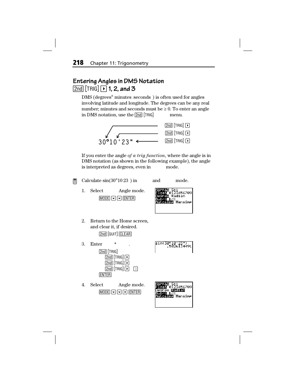 Entering angles in dms notation, 1, 2, and 3 | Texas Instruments TI-73 EXPLORER User Manual | Page 224 / 364