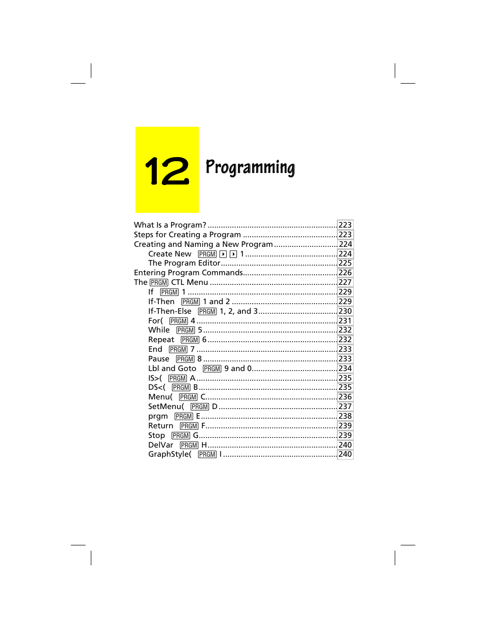 Chapter 12: programming, Programming | Texas Instruments TI-73 EXPLORER User Manual | Page 227 / 364