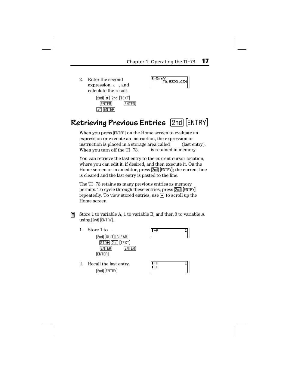 Retrieving previous entries | Texas Instruments TI-73 EXPLORER User Manual | Page 23 / 364