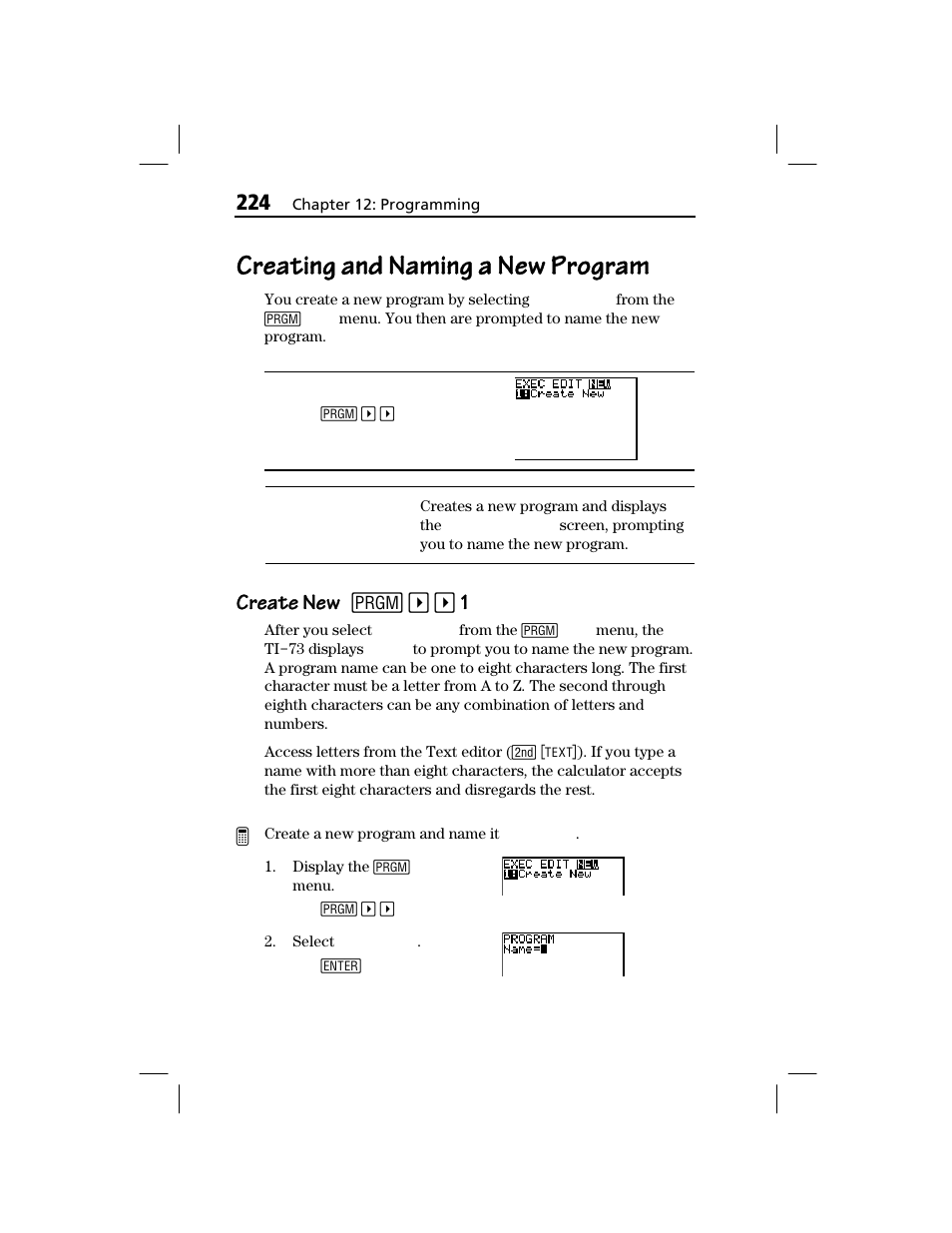 Creating and naming a new program, Create new, Create new create new 8 | Texas Instruments TI-73 EXPLORER User Manual | Page 230 / 364