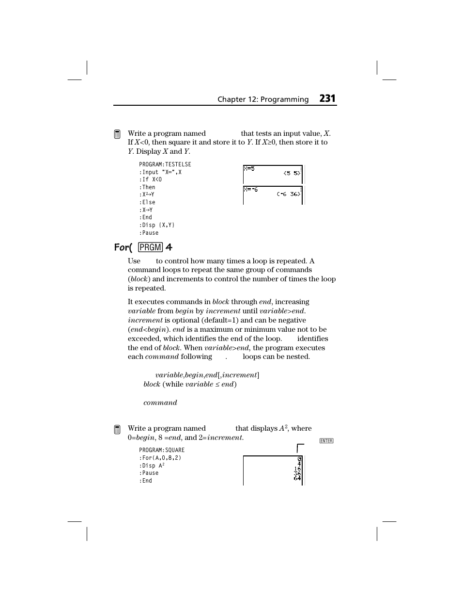 For( for( 8 | Texas Instruments TI-73 EXPLORER User Manual | Page 237 / 364