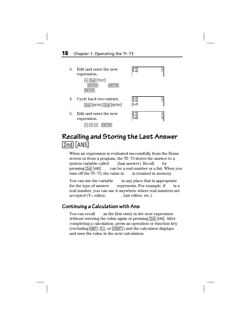 Recalling and storing the last answer, Continuing a calculation with ans | Texas Instruments TI-73 EXPLORER User Manual | Page 24 / 364