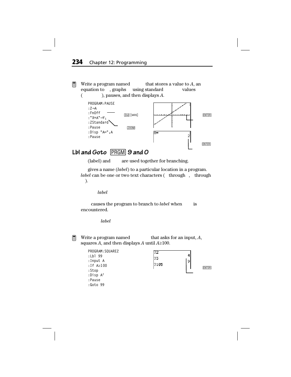 Lbl and goto, 9 and 0, Lbl and goto lbl and goto 8 | Texas Instruments TI-73 EXPLORER User Manual | Page 240 / 364