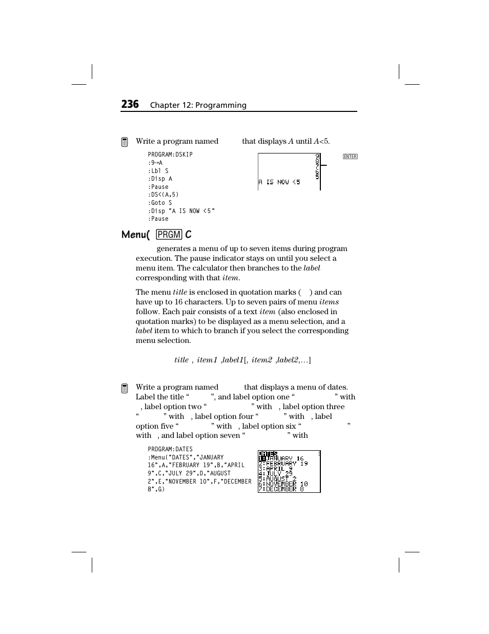 Menu, Menu( menu( 8 | Texas Instruments TI-73 EXPLORER User Manual | Page 242 / 364