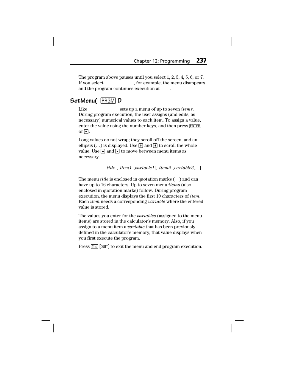 Setmenu, Setmenu( setmenu( 8 | Texas Instruments TI-73 EXPLORER User Manual | Page 243 / 364